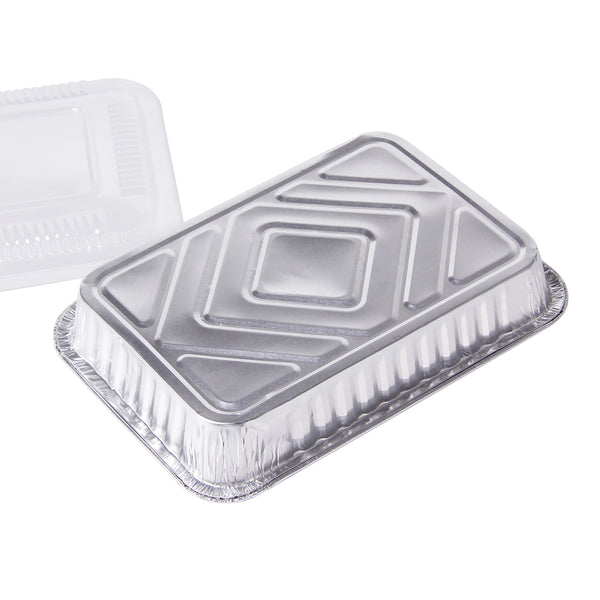 7.5 in x 5 in Foil Drip Pans w/ Plastic Covers 30-Pack Weber Grill Compatible- Aluminum Containers with Lids-Bulk Grease Replacement Liner Trays BBQ Grill Pans Oven & Refrigerator Safe