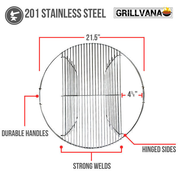 22 Inch 201 Stainless Steel 4mm Hinged Grilling / Cooking Replacement 22” grill grate - For use in 22" Weber Charcoal Grills - Kettle Charcoal BBQ Grilling Accessories